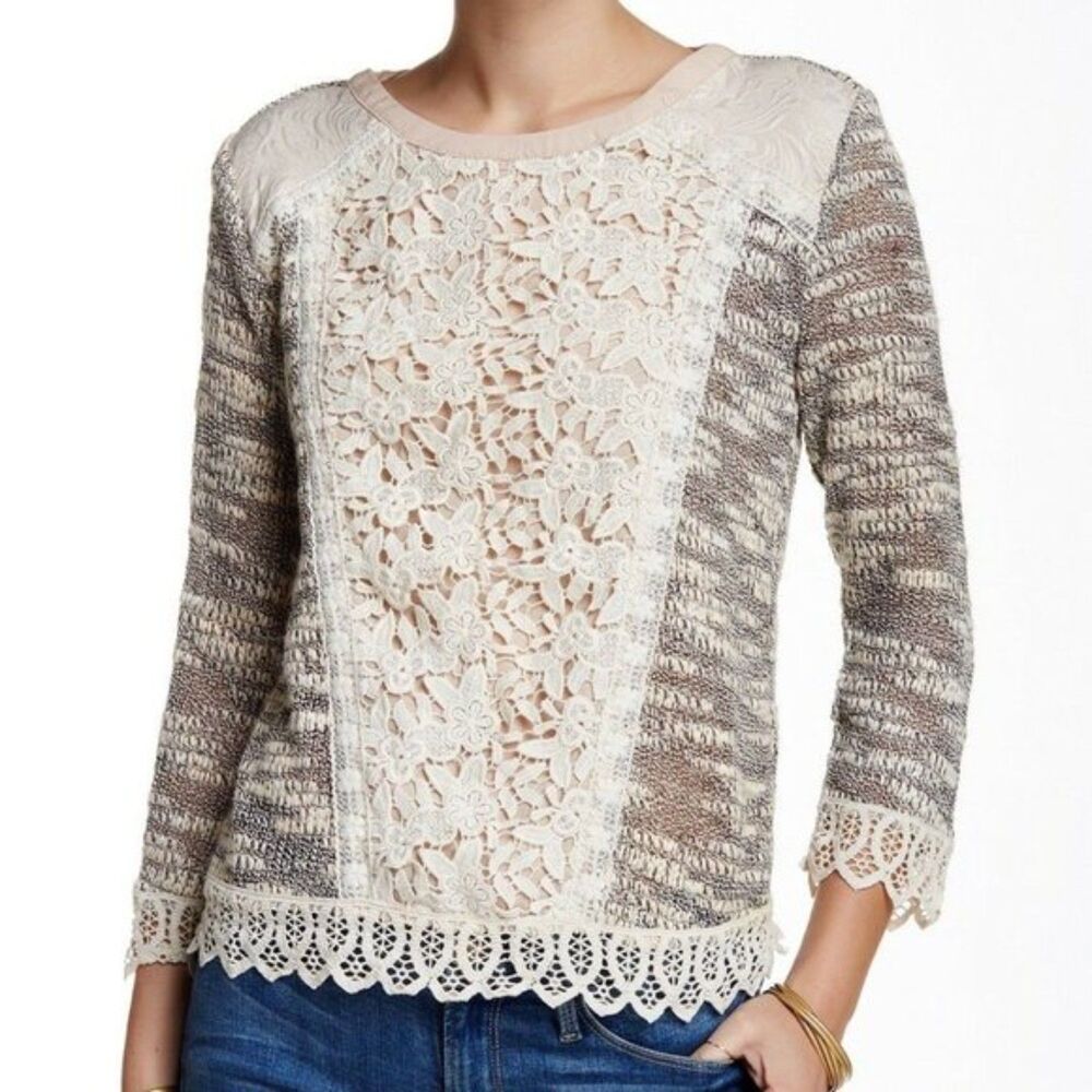 Anthropologie Champagne & Strawberry Emerson Sweater M Cream Crochet Lace Beige